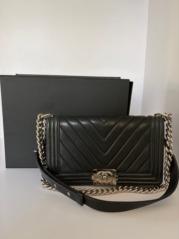 CHANEL Boy Bag – Black Chevron Quilted Leather